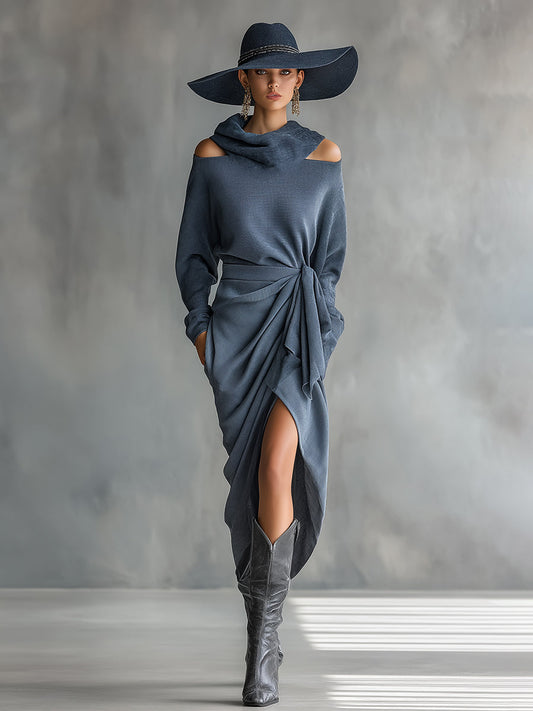 Elegant And Casual Cowl Collar Blue-gray Off-the-shoulder Long-sleeved Maxi Dress