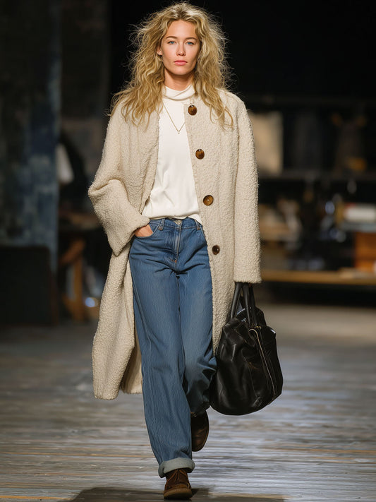 Fashionable Loose Retro Beige Polar Fleece Coat