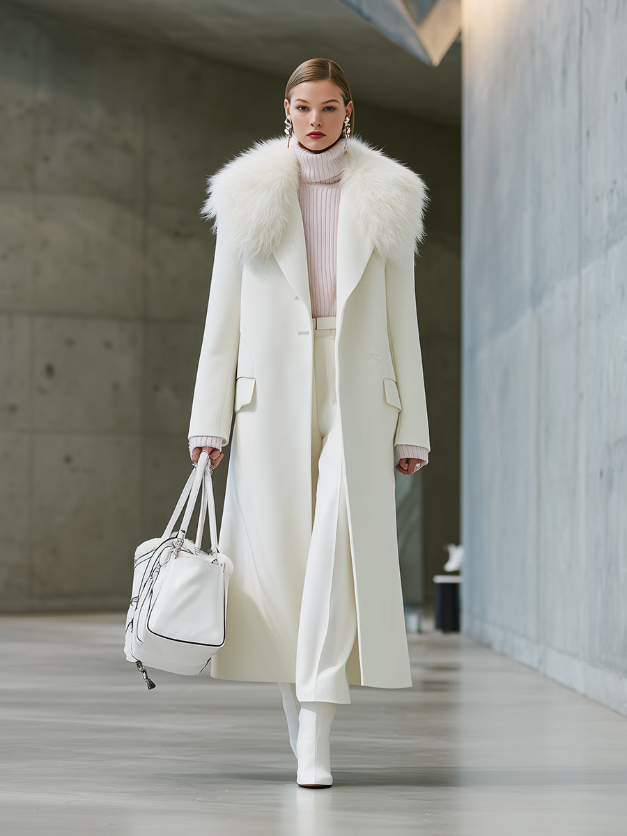 White Collar Splicing Eco-friendly Wool Long Coat