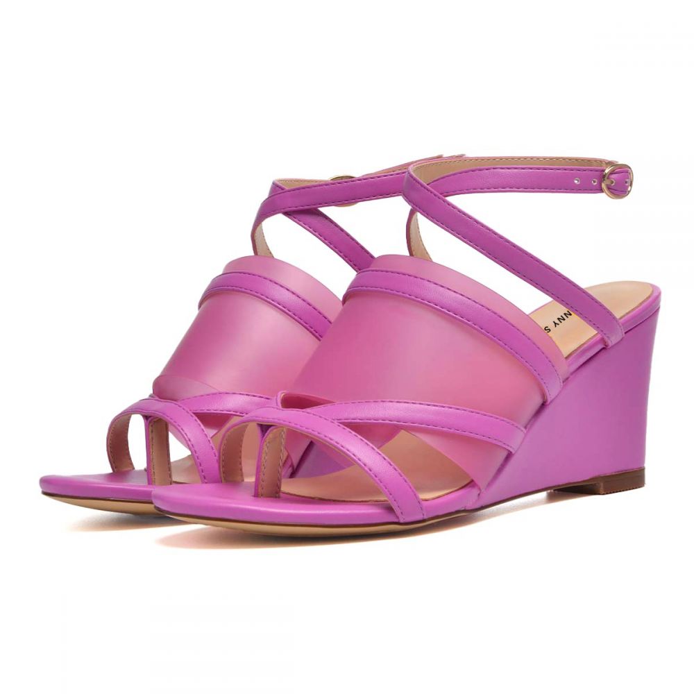 Fuchsia Open-Toe Crossover Strap Buckle Wedge Sandals for Women