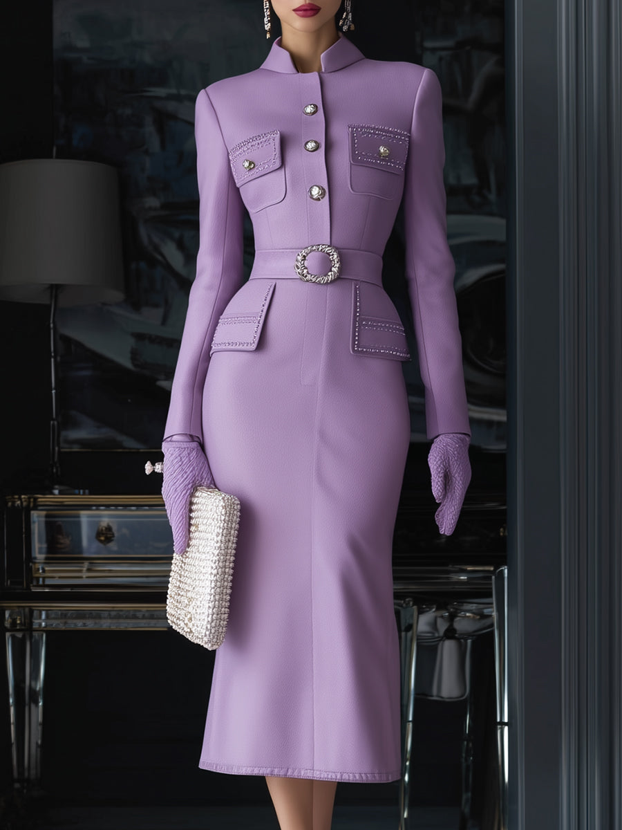 Elegant Purple Tweed  With Button Pockets Maxi Dress