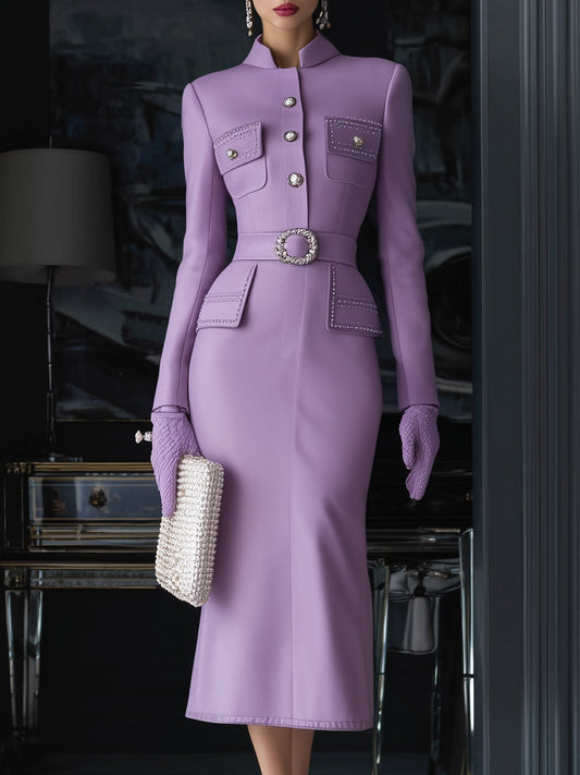 Elegant Purple Tweed  With Button Pockets Maxi Dress