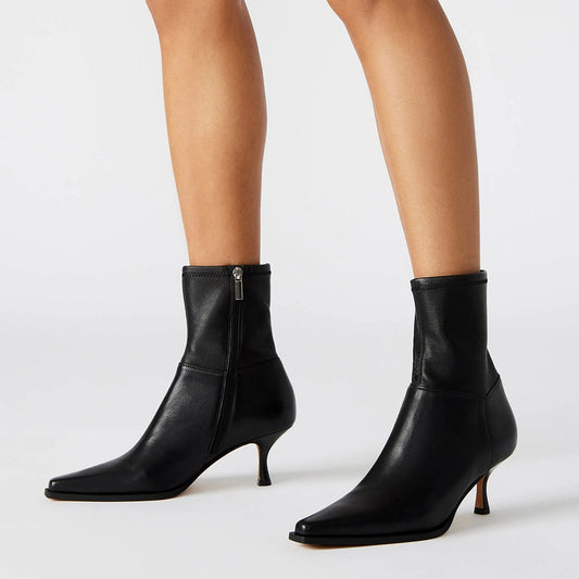 Elegant Black Pointed Toe Spool Heel Ankle Boots with Side Zipper
