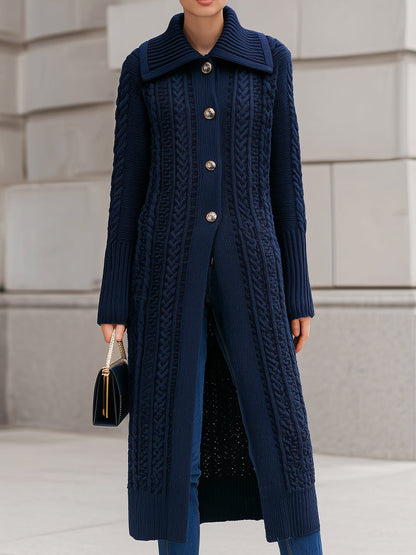 Elegant Navy Cable Knit Longline Cardigan Coat