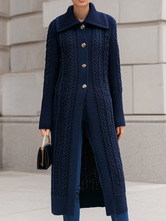 Elegant Navy Cable Knit Longline Cardigan Coat