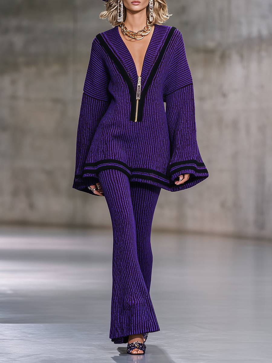Elegant And Fashionable Half-zip Knitted Top And Flared Pants Purple Set