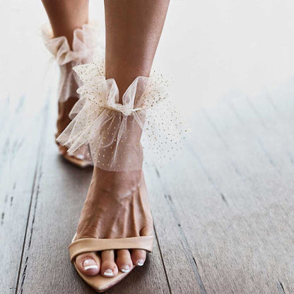 Beige Pointed Toe 3'' Stiletto Heel Mesh Flared Ankle Strap Sandals