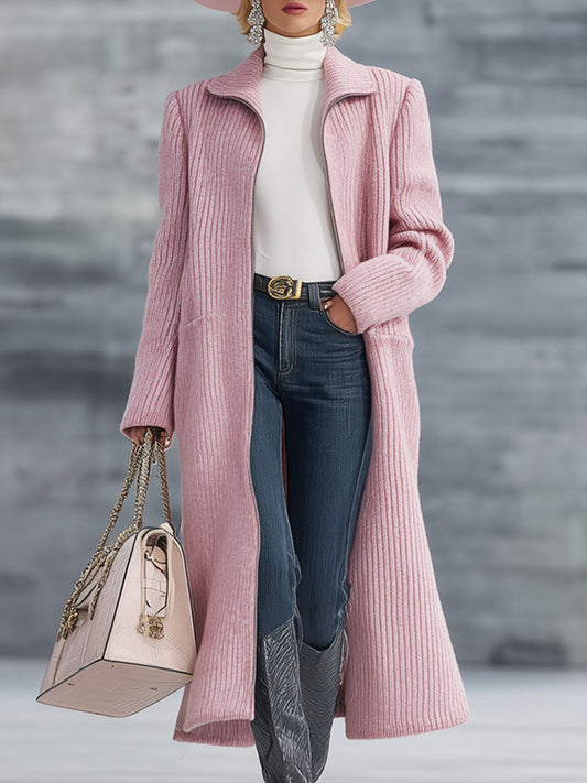Fashion Retro Pink Knitted Zipper Cardigan Coat