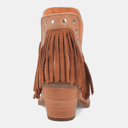 Fashion Brown Snip Toe Studded V-Cut Chunky Heel Fringe Booties