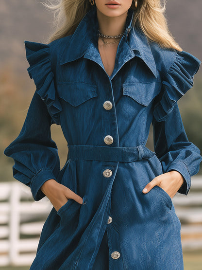 Elegant Western-style Ruffled Denim Long Trench Coat