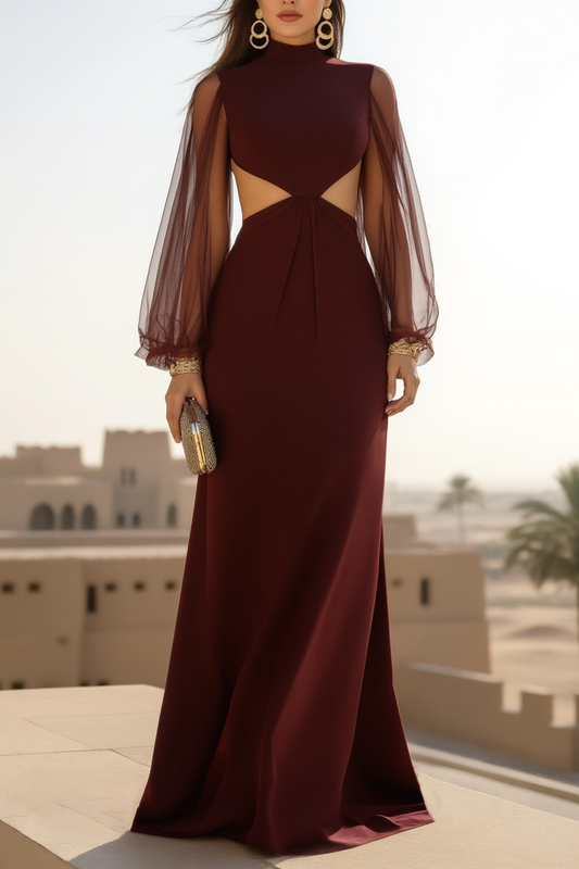 Formal Evening Dress Burgundy Cut-Out Waist Floor-Length Gown