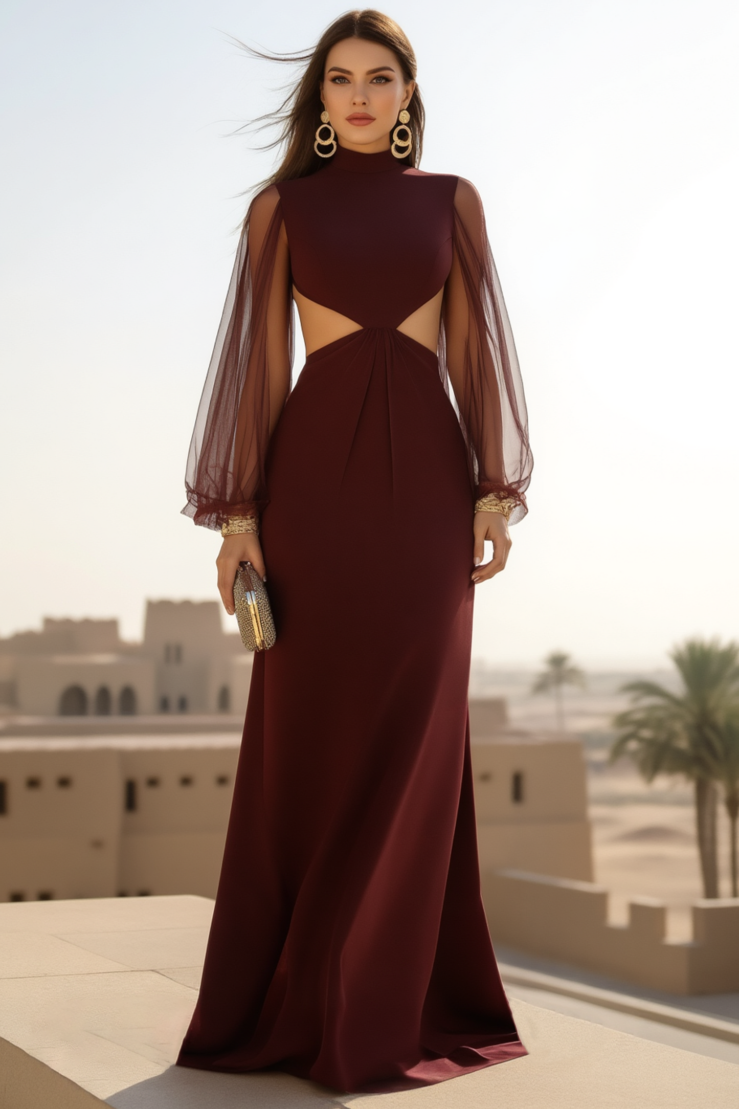 Formal Evening Dress Burgundy Cut-Out Waist Floor-Length Gown