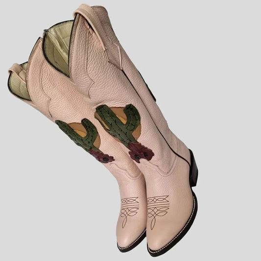 Faux Leather Snip Toe Block Heel Light Pink Cowgirl Boots for Women