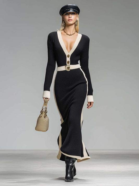 Elegant Retro White Contrast Color V-neck Decoration Front Button Black Knitted Maxi Dress
