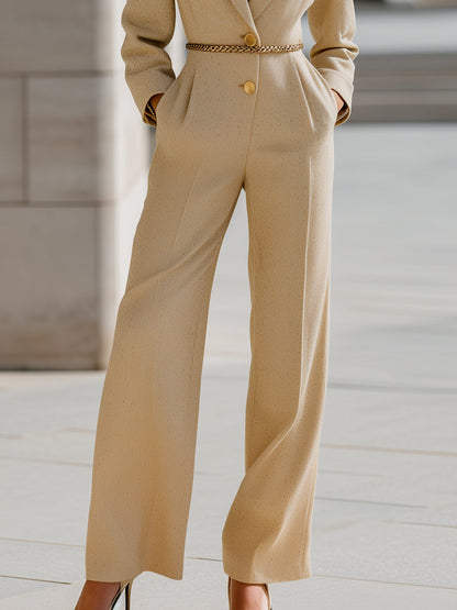 Gold Button Textured Weave Belted Jumpsuit