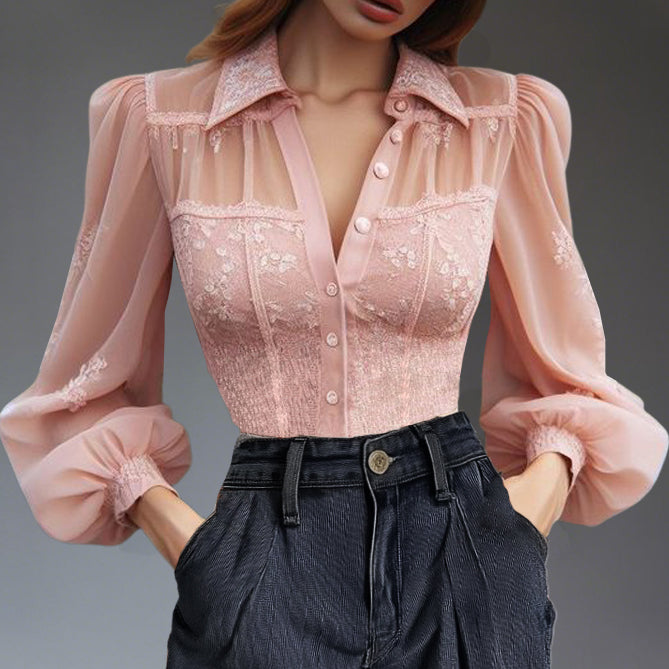 Elegant Lace Lantern Sleeve Shirt Collar Button Blouse