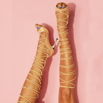 Beige Open Toe 4'' Stiletto Heel Lace Up Gladiator Sandals