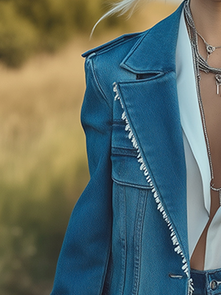 Fashion Retro Blue Denim Lapel Tassel Casual Jacket