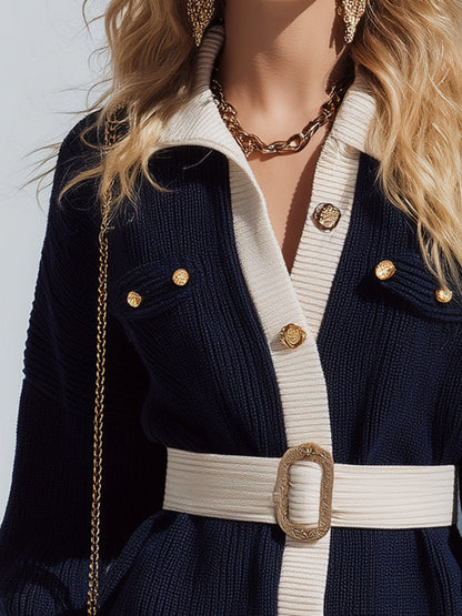 Fashionable Preppy Style White Contrasting Edge Navy Blue Knitted Mini Dress