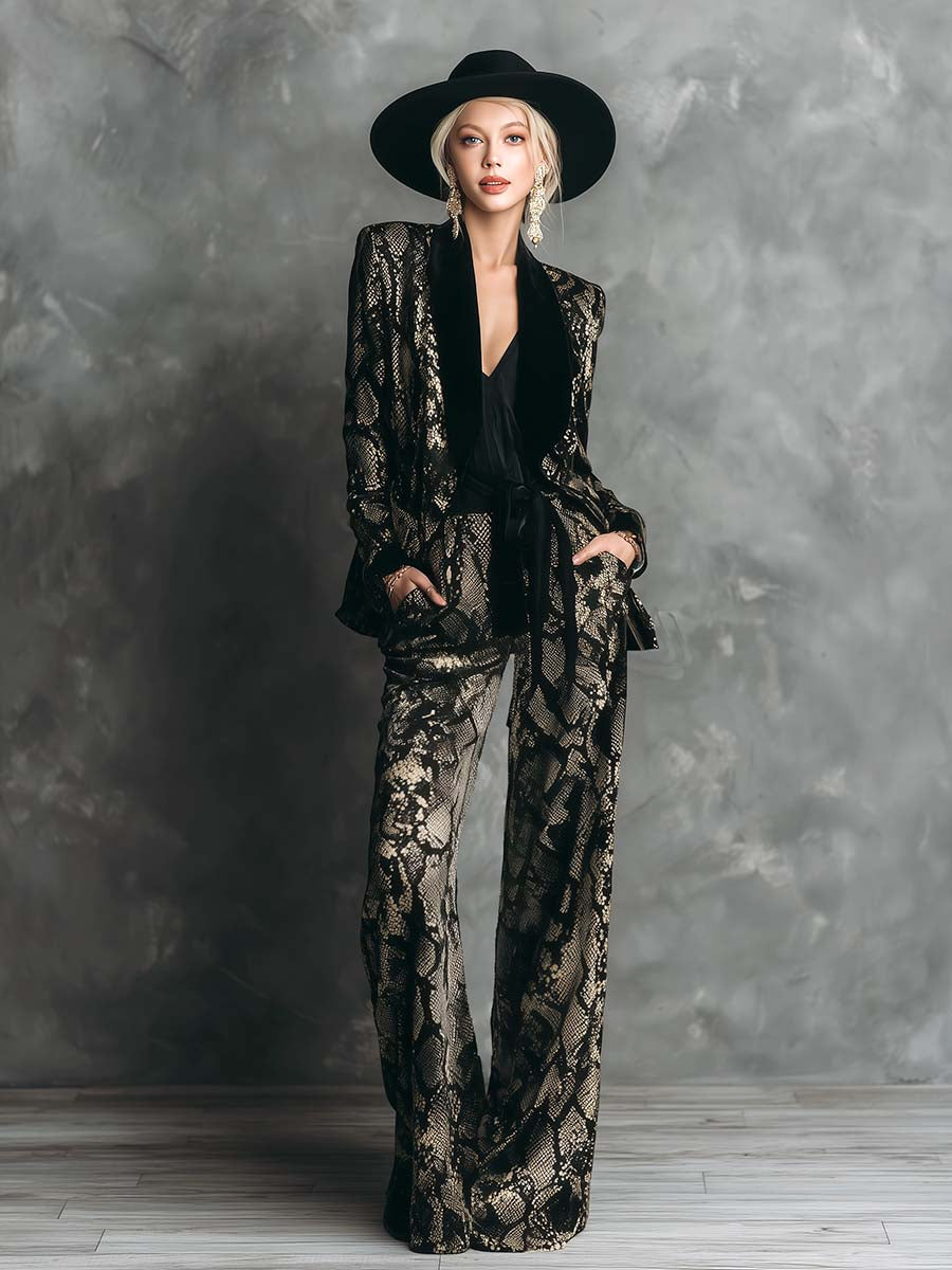 Elegant And Luxurious Gold Snake Print Black Velvet Suit Wide-leg Pants Set