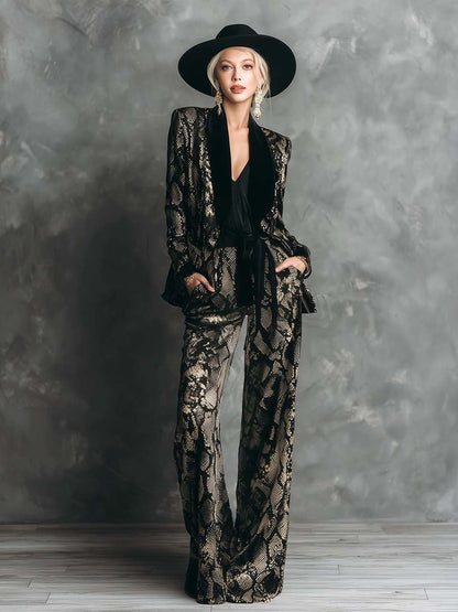 Elegant And Luxurious Gold Snake Print Black Velvet Suit Wide-leg Pants Set