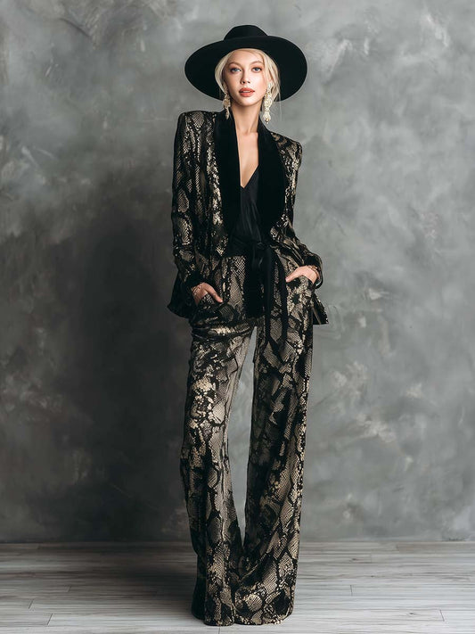 Elegant And Luxurious Gold Snake Print Black Velvet Suit Wide-leg Pants Set