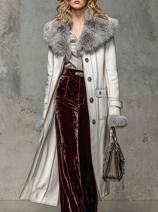 Fashion Retro White Faux Leather And Faux Fur Collar Long Coat