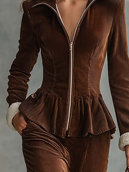 Elegant Lapel Front Zipper Brown Corduroy Cuffs And Hem Long Sleeve Maxi Dress