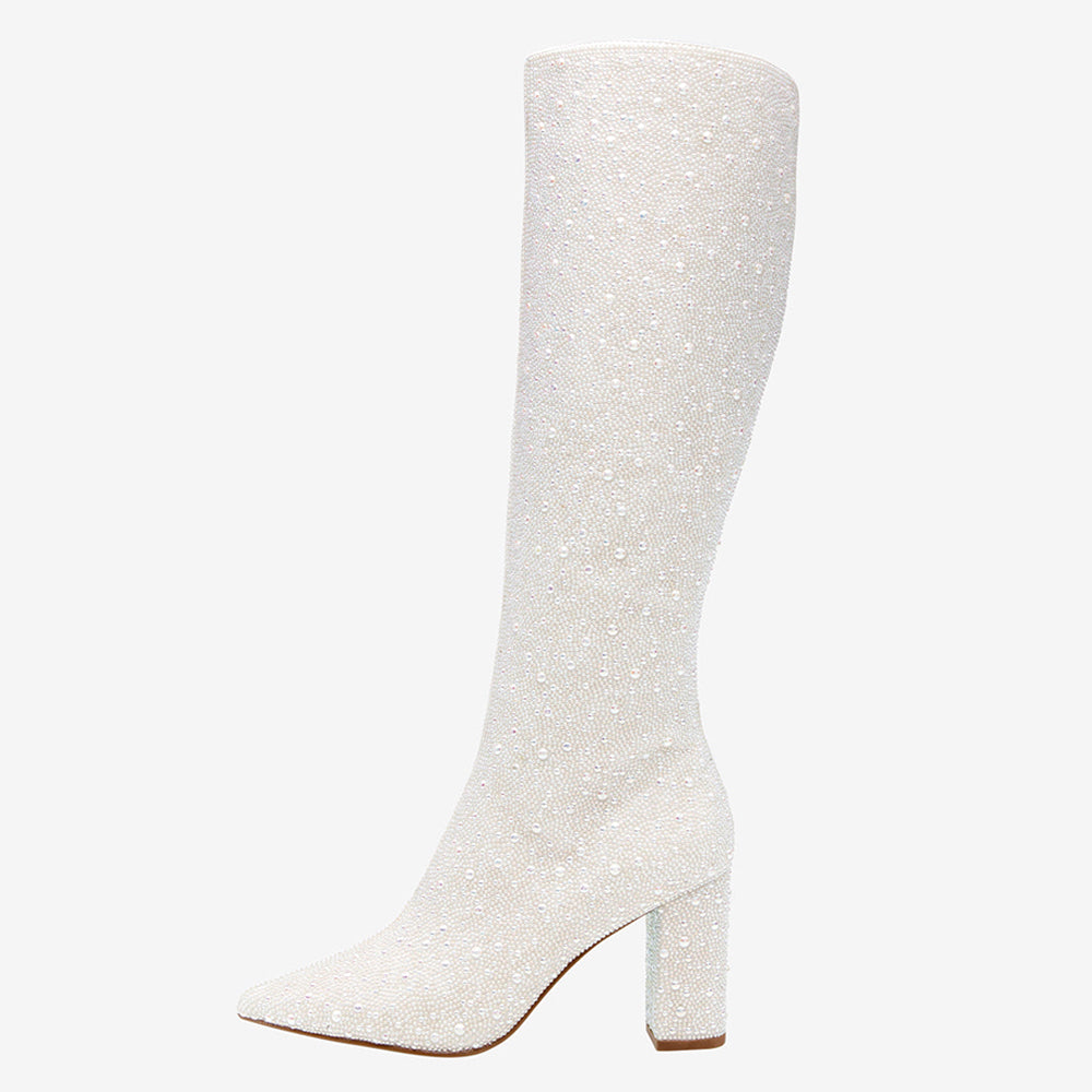 Full White Pointed Toe Chunky Heel Pearl Decorated Wedding Tall Boots