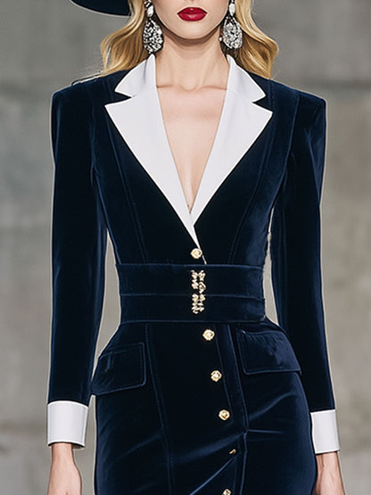 Elegant Retro Exquisite Contrast Lapel Belt Blue Velvet Midi Dress