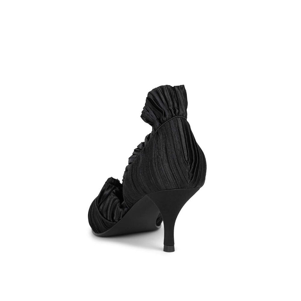 Elegant Fabric Pointed Toe Kitten Heel Black Pumps with Ruffle Decor