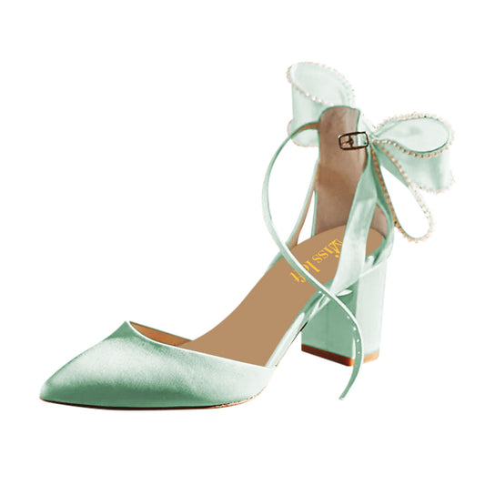 Elegant Green Satin Pearls Bows Pointed Toe Pumps Heels with Buckle