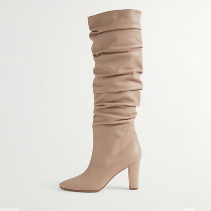Beige Closed Toe Chunky Heel Knee High Winter Boots