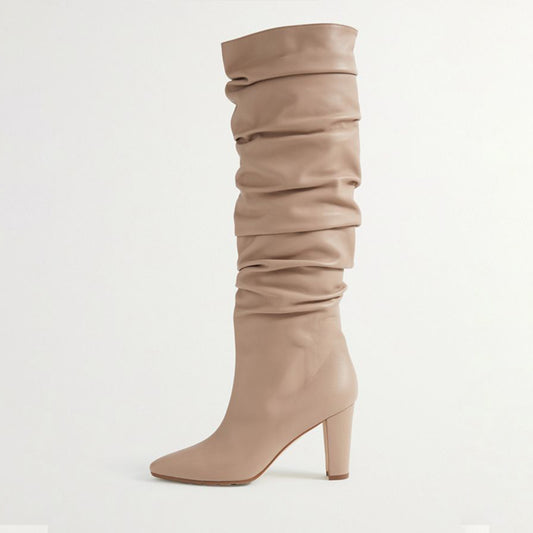 Beige Closed Toe Chunky Heel Knee High Winter Boots