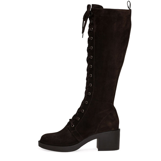 Dark Brown Vegan Suede Round Toe Block Heel Lace Up Tall Boots