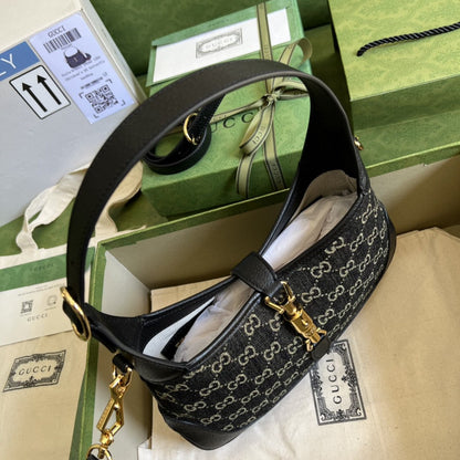 gg Jackie 1961 Small Shoulder Bag Black And Ivory gg Denim Jacquard For Women 11in/28cm 678843 UN3AG 1294
