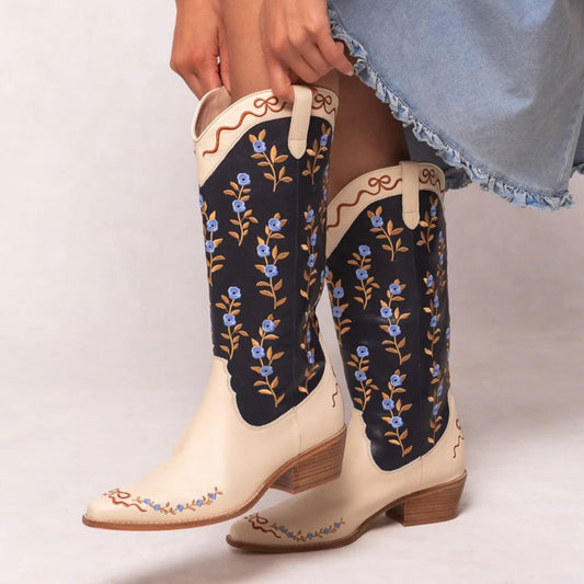 Beige and Navy Floral Embroidered Chunky Heel Wide Calf Cowgirl Boots