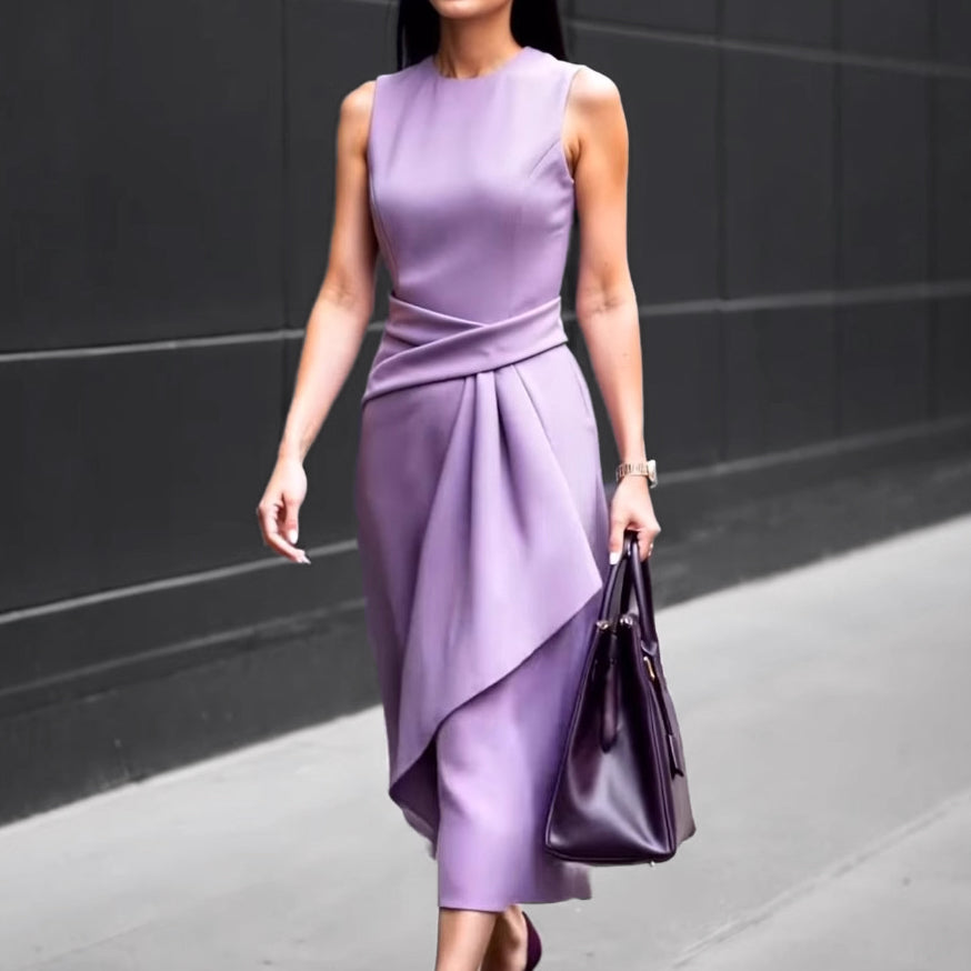 Formal Crew Neck Sleeveless Asymmetrical Ruffle Sheath Midi Dress