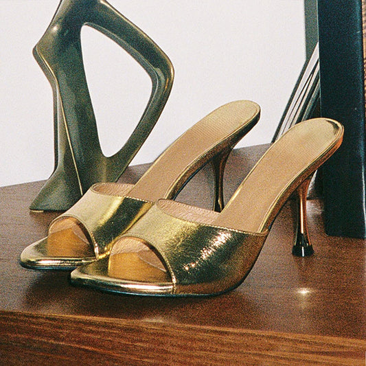Dull Gold Metallic Round Toe 3'' Flared Heel Wide Band Mules