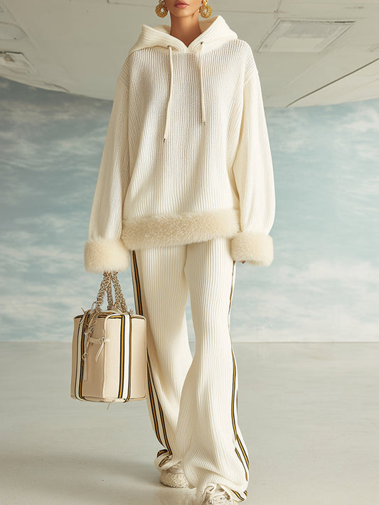 Fashionable And Casual Cream White Hooded Knitted Fur Trim Sweatshirt Wide-leg Pants Set