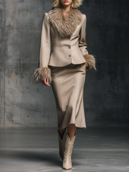 Fashionable And Elegant Fur Collar Light Khaki Woolen Jacket And Skirt Set