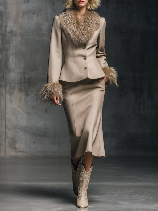 Fashionable And Elegant Fur Collar Light Khaki Woolen Jacket And Skirt Set
