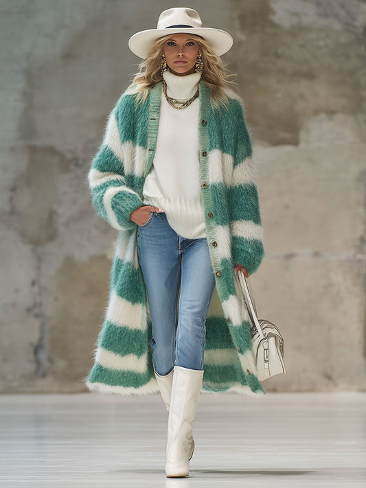 Fashion Retro Green And White Stitching Knitted Mohair Cardigan