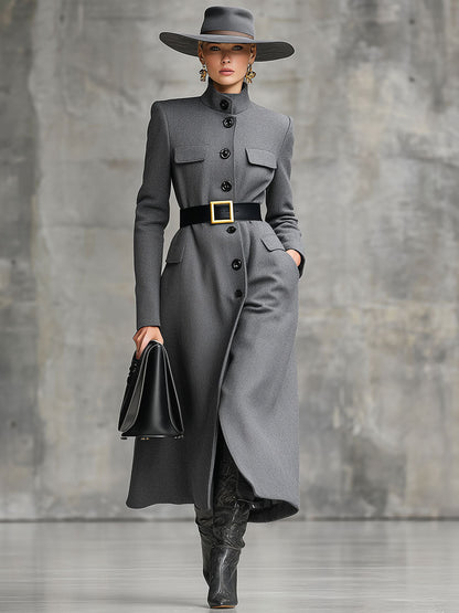 Elegant And Fashionable Gray Button Mid-Length Woolen Coat