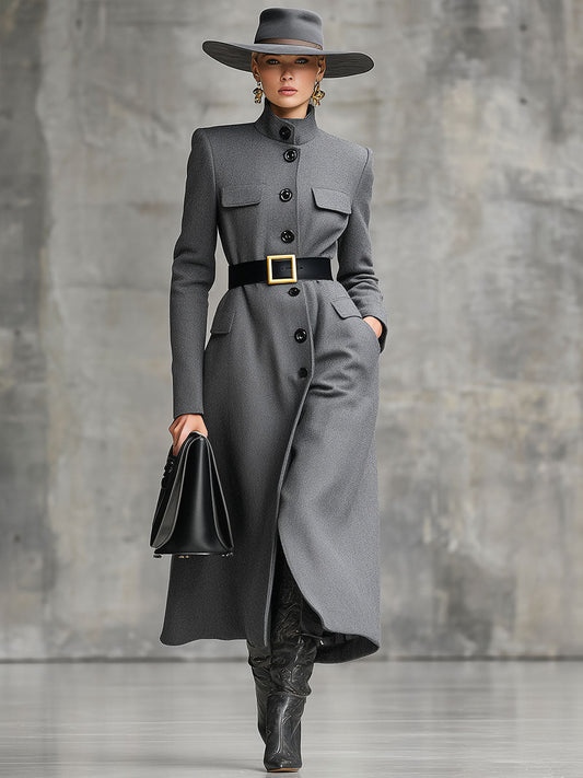 Elegant And Fashionable Gray Button Mid-Length Woolen Coat