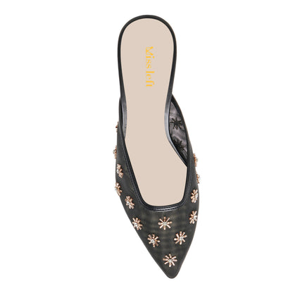 Elegant Black Pointed Toe Mule Kitten Heels with Rhinestoned Flowers