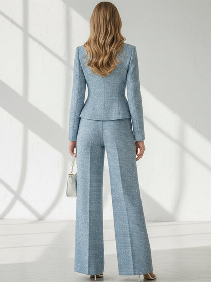 Elegant And Intellectual Blue Tweed Jacket And Wide-leg Pants Set