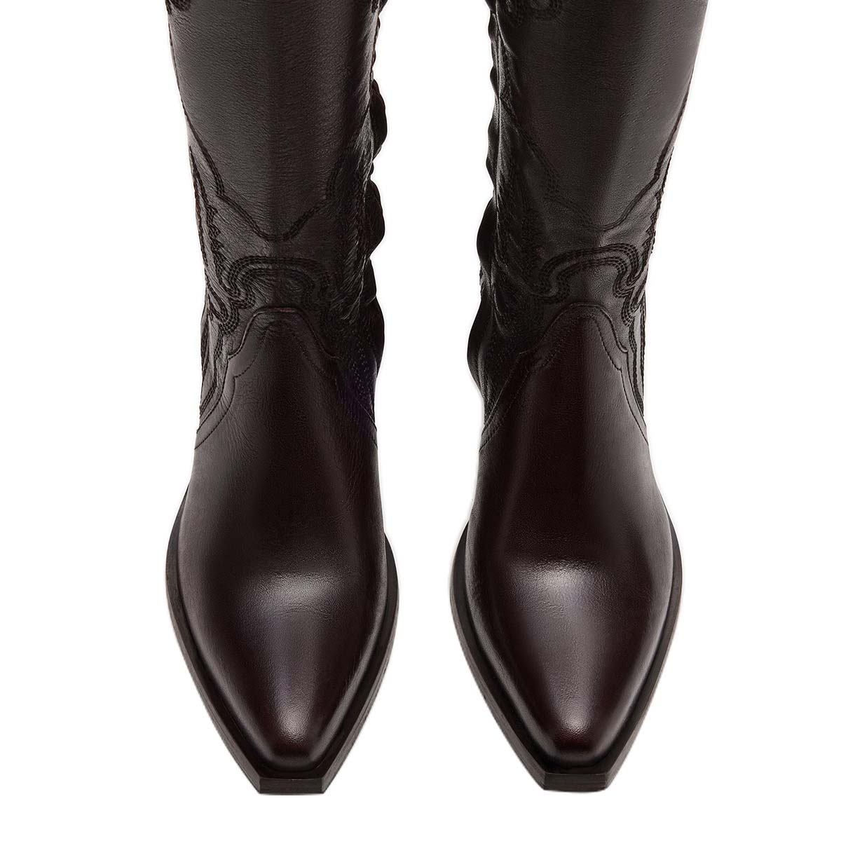 Dark Brown Pointed Toe Chunky Heel Knee-High Embroidered Cowgirl Boots