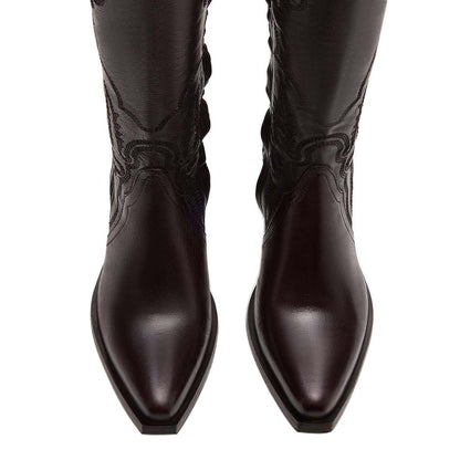 Dark Brown Pointed Toe Chunky Heel Knee-High Embroidered Cowgirl Boots