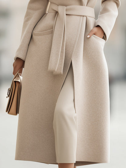 Elegant Beige Belted Wool Blend Coat